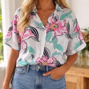 Levi’s Tropical Floral Button Up Blouse Pink Green Relaxed Fit Shirt L